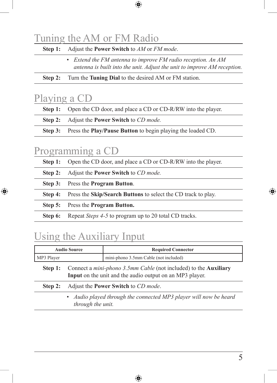 Tuning the am or fm radio, Playing a cd, Programming a cd | Using the auxiliary input | GPX BC119B User Manual | Page 5 / 8