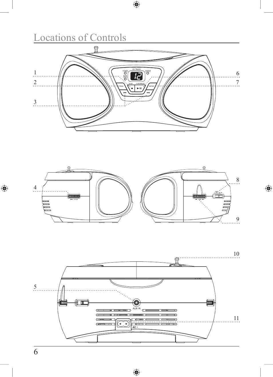 Locations of controls | GPX BC119B User Manual | Page 6 / 8