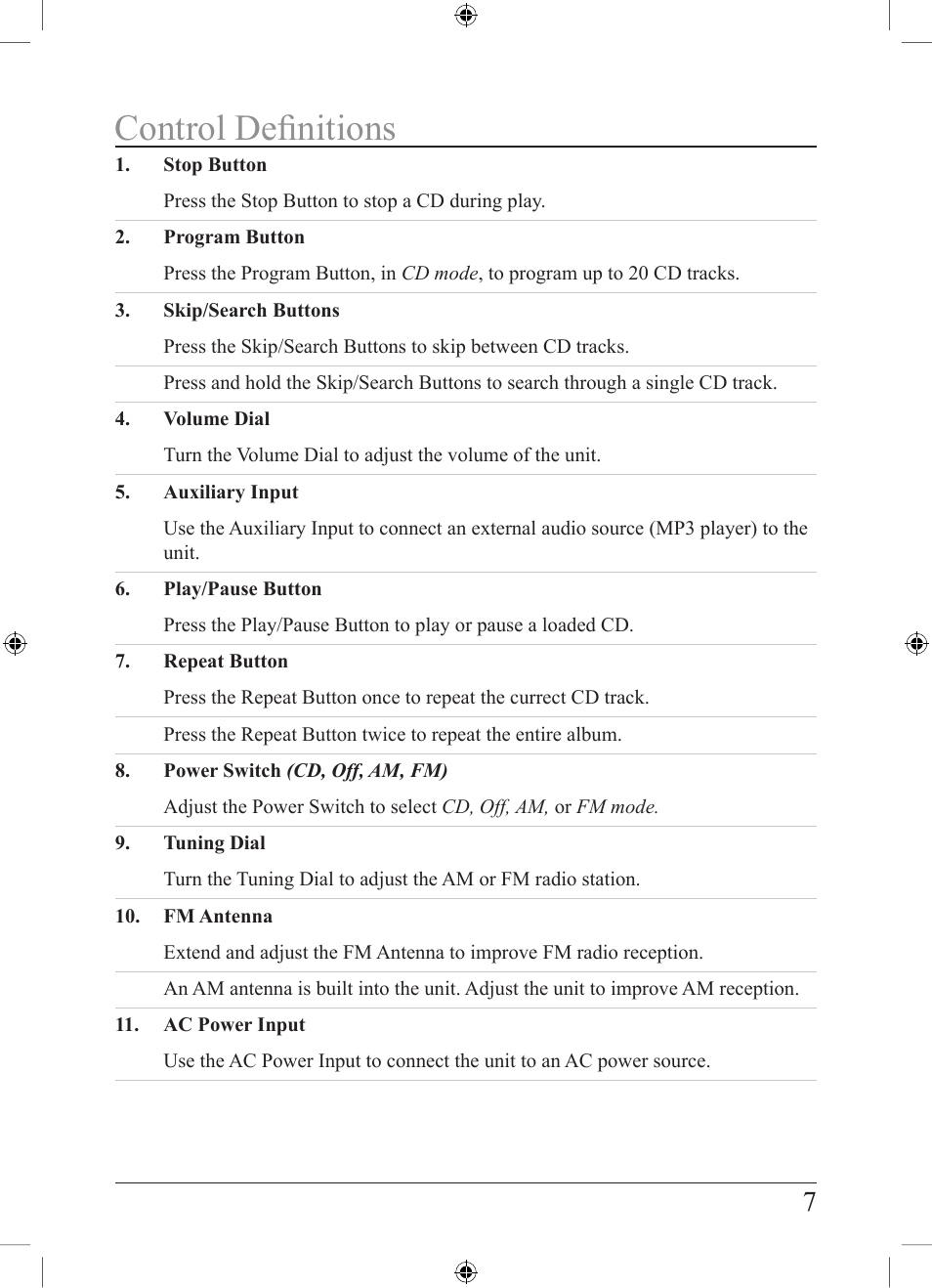 Control definitions | GPX BC119B User Manual | Page 7 / 8