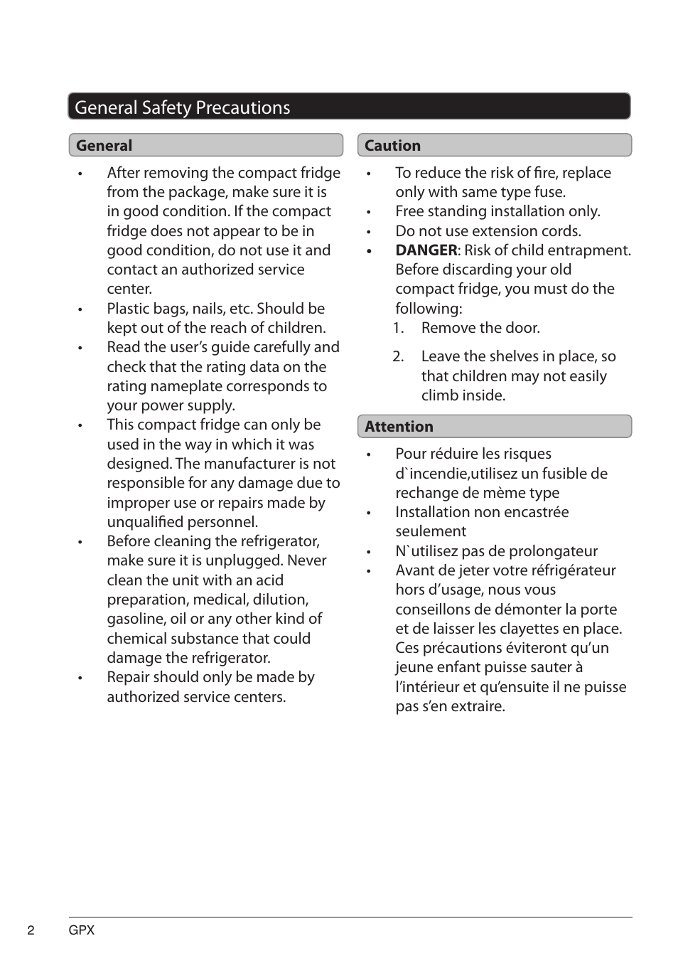 General safety precautions | GPX AF100S User Manual | Page 2 / 8