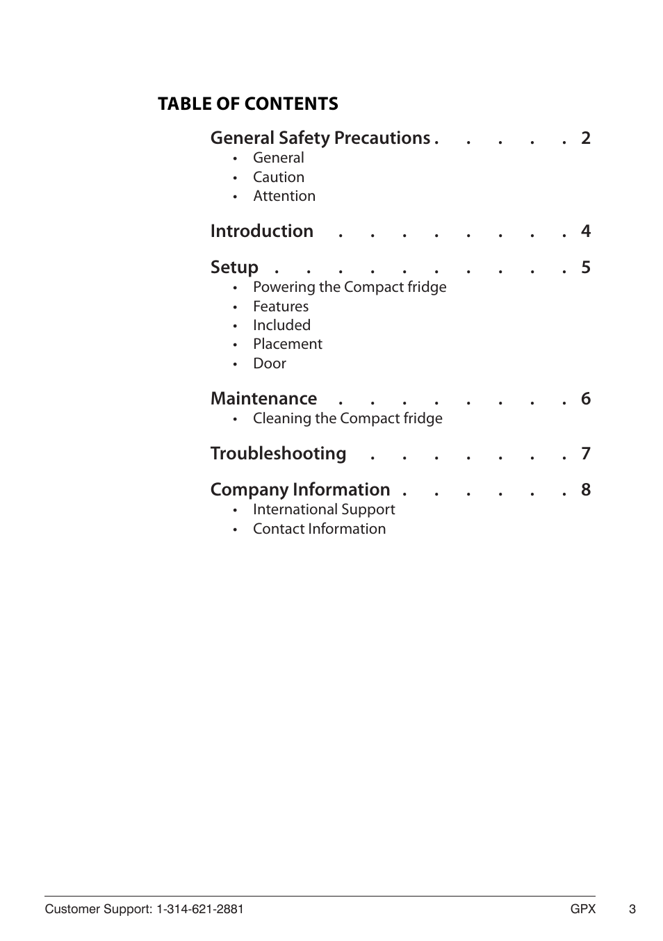 Table of contents general safety precautions 2, Introduction 4 setup 5, Maintenance 6 | Troubleshooting 7 company information 8 | GPX AF100S User Manual | Page 3 / 8