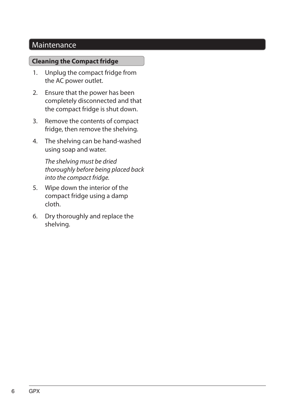 Maintenance 6, Cleaning the compact fridge, Maintenance | GPX AF100S User Manual | Page 6 / 8