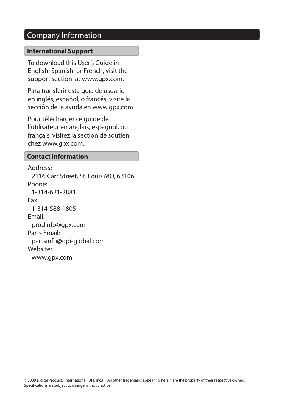 Company information 8, International support, Contact information | Company information | GPX AF100S User Manual | Page 8 / 8