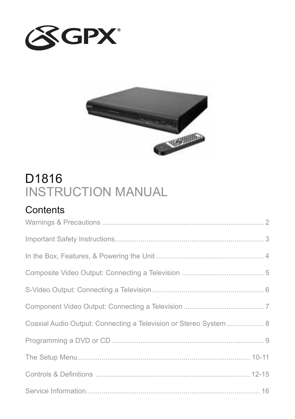 GPX D1816 User Manual | 16 pages