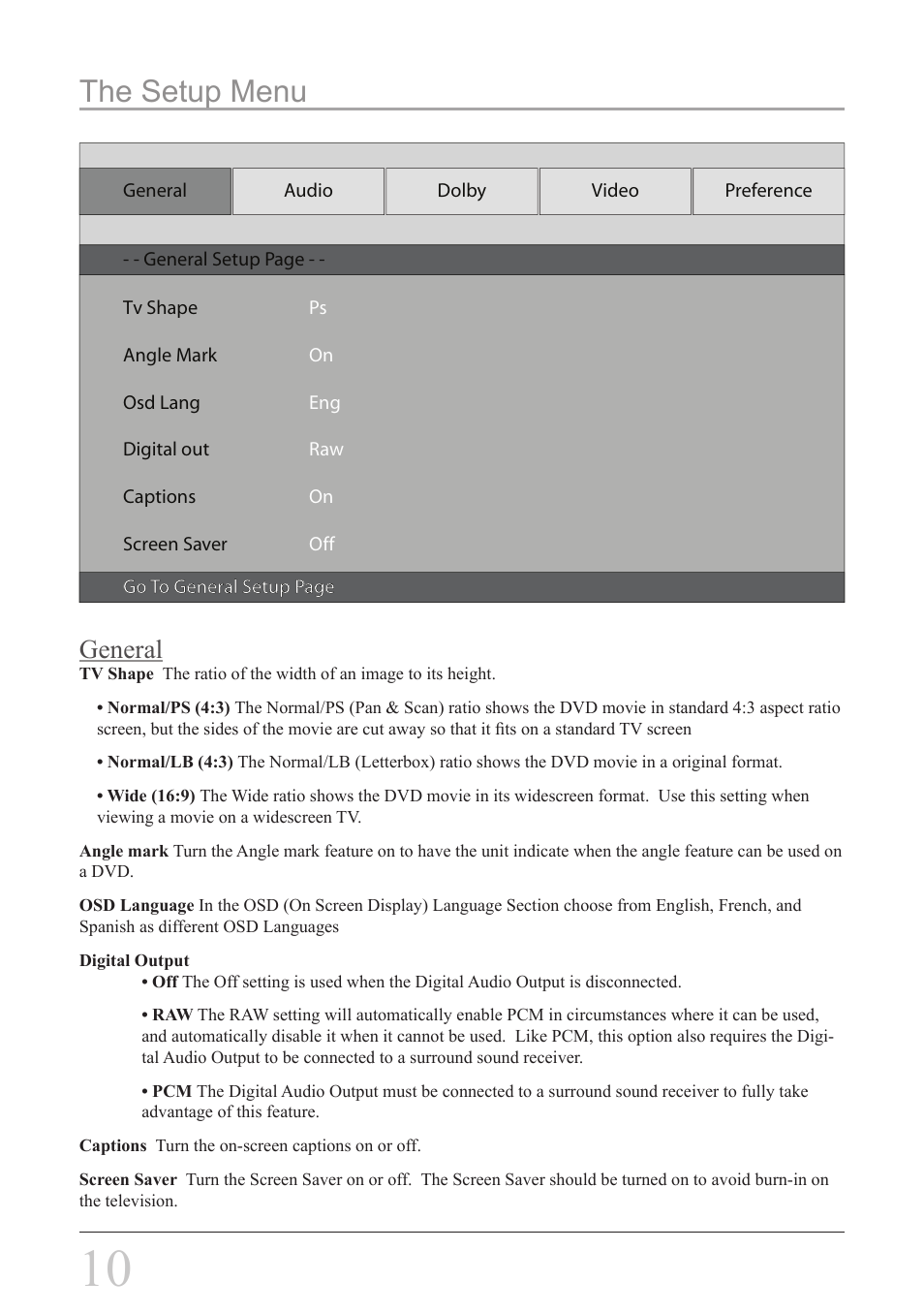 The setup menu, General | GPX D1816 User Manual | Page 10 / 16