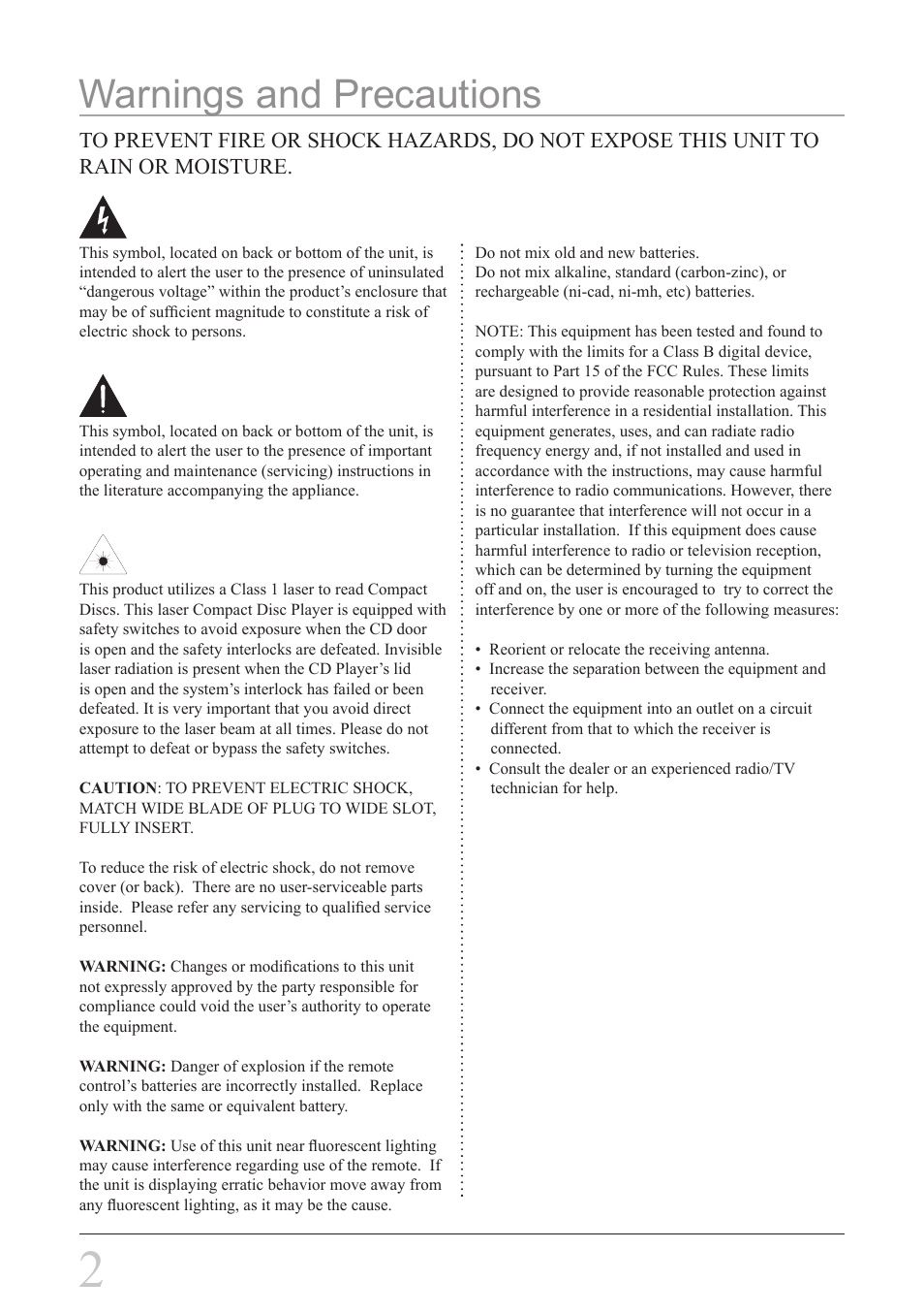 Warnings and precautions | GPX D1816 User Manual | Page 2 / 16