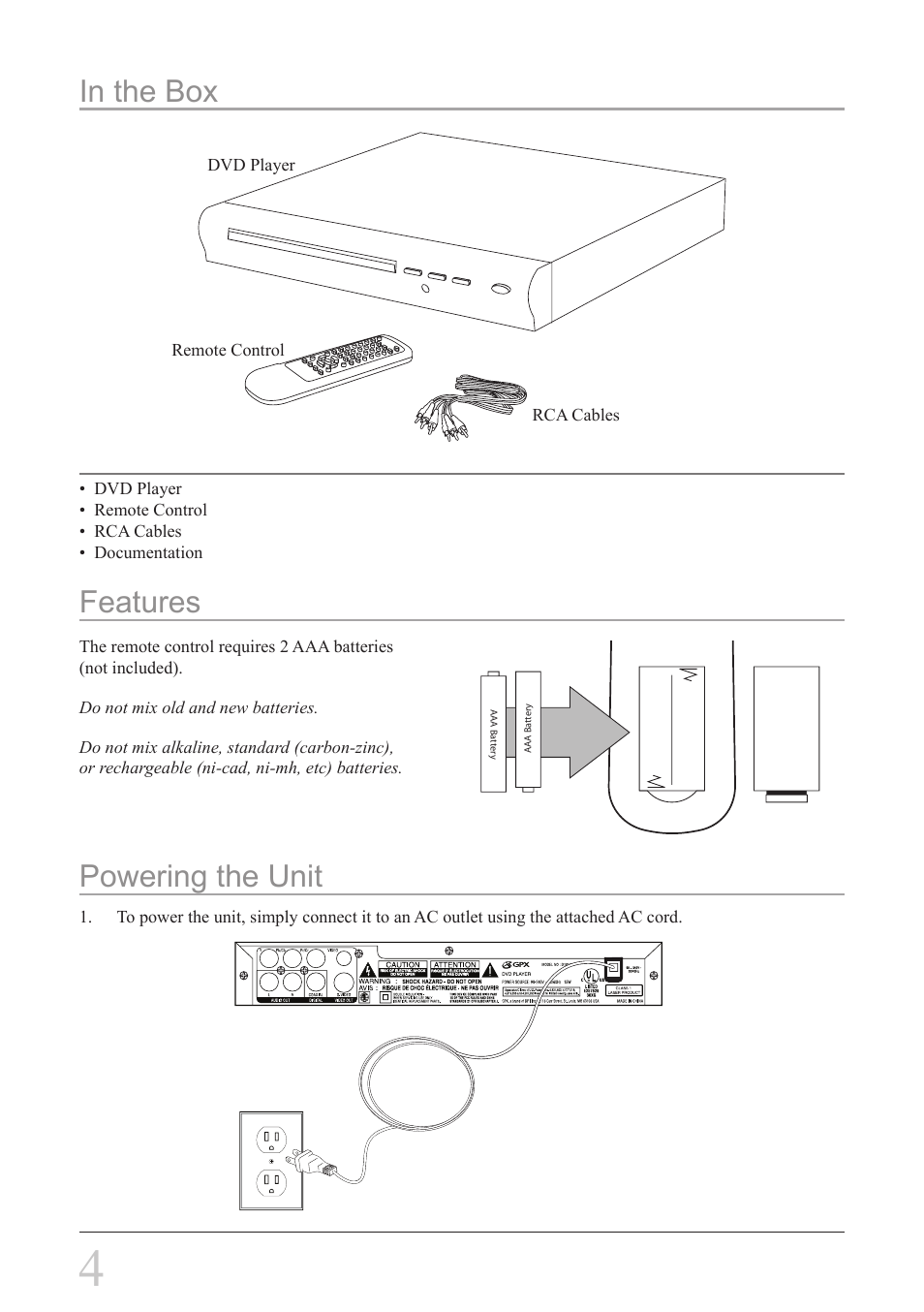 Features powering the unit in the box | GPX D1816 User Manual | Page 4 / 16