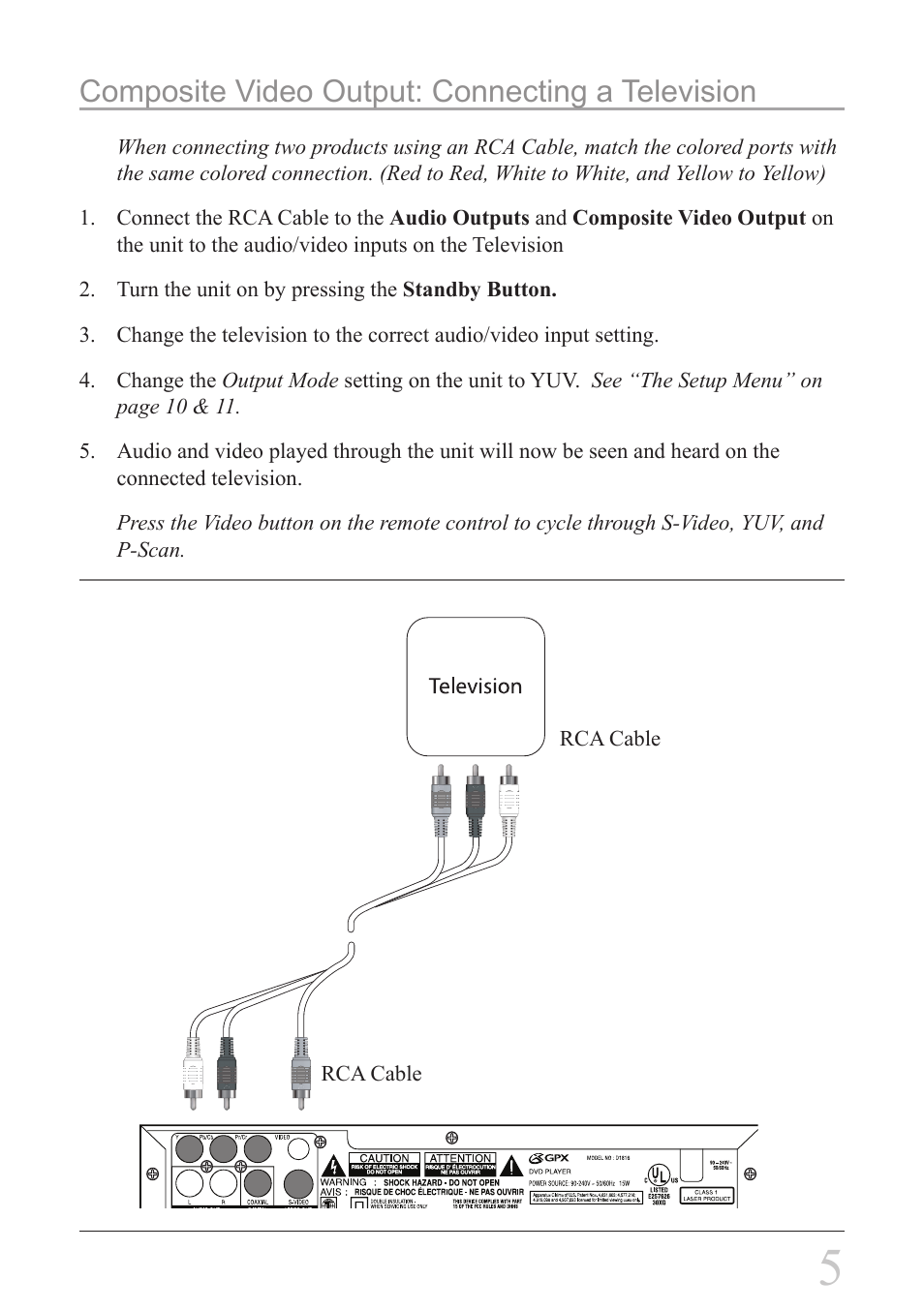 Composite video output: connecting a television | GPX D1816 User Manual | Page 5 / 16