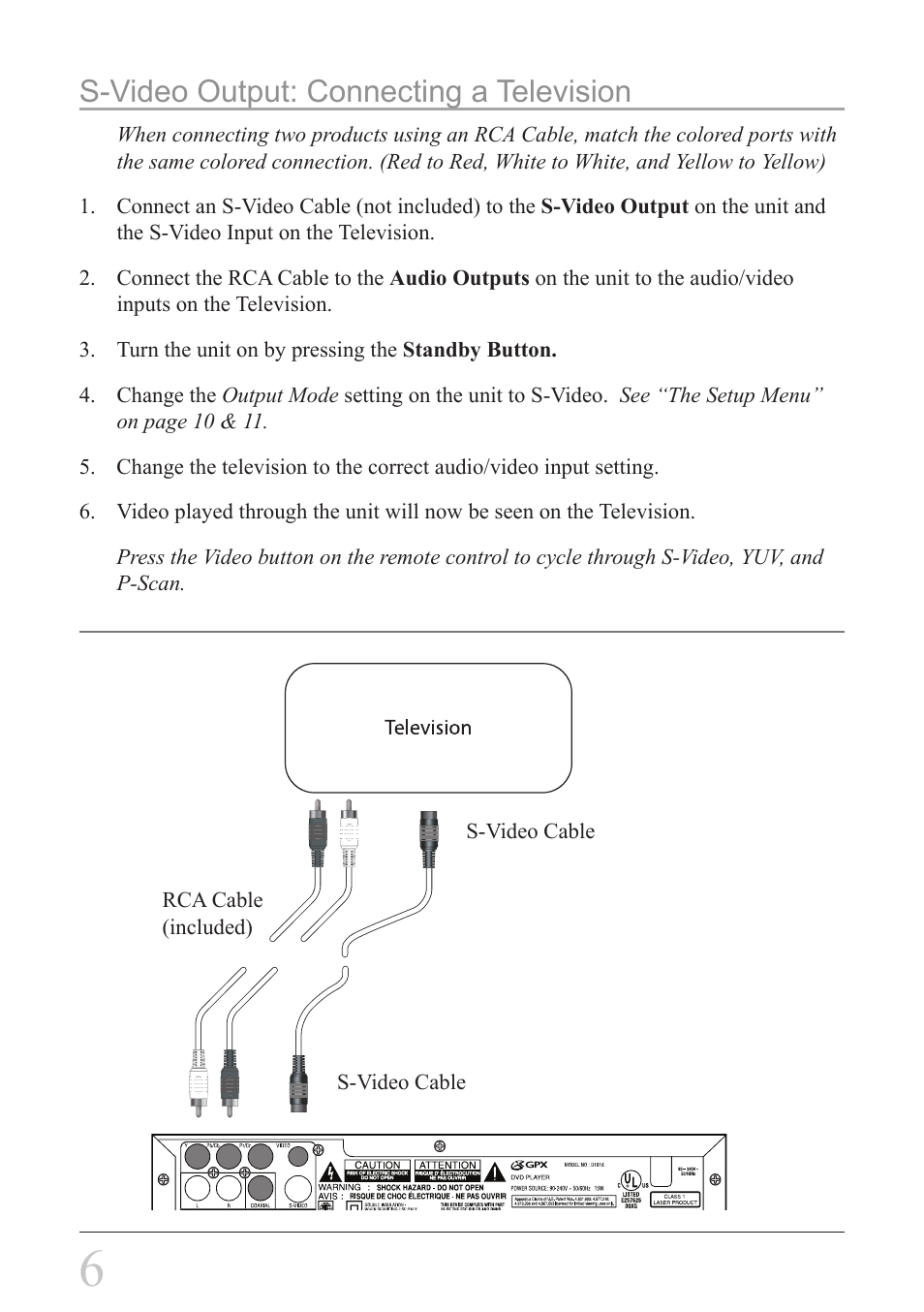 S-video output: connecting a television | GPX D1816 User Manual | Page 6 / 16