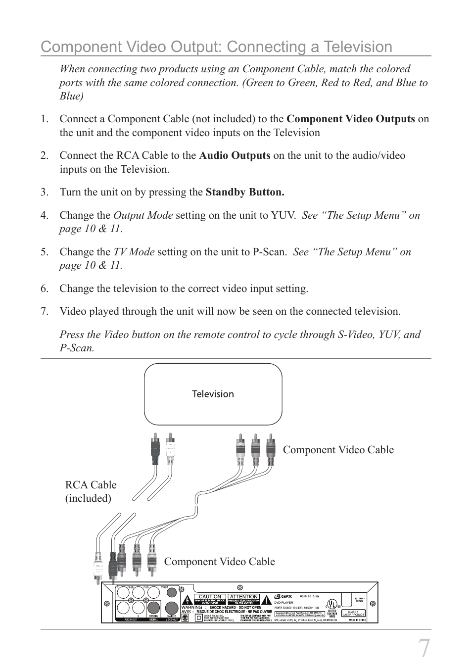 Component video output: connecting a television | GPX D1816 User Manual | Page 7 / 16