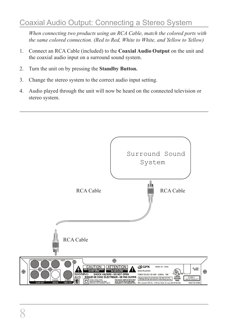 Coaxial audio output: connecting a stereo system | GPX D1816 User Manual | Page 8 / 16