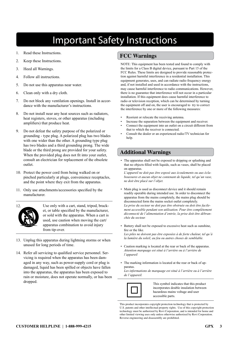 Important safety instructions, Fcc warnings additional warnings | GPX 1038-0721-10 User Manual | Page 3 / 12