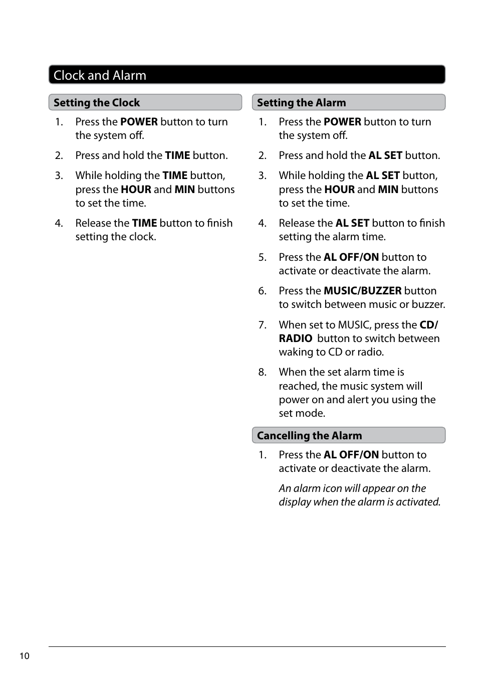 Clock and alarm | GPX HOME MUSIC SYSTEM HC221B User Manual | Page 10 / 12