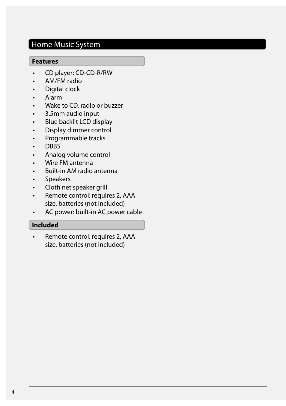 Home music system | GPX HOME MUSIC SYSTEM HC221B User Manual | Page 4 / 12