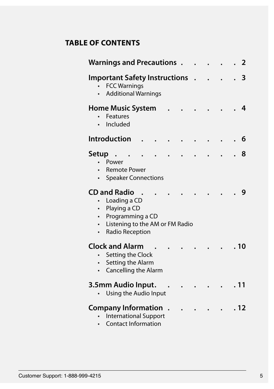 Home music system 4, Introduction 6 setup 8, Cd and radio 9 | Clock and alarm 10, 3 5mm audio input 11, Company information 12 | GPX HOME MUSIC SYSTEM HC221B User Manual | Page 5 / 12