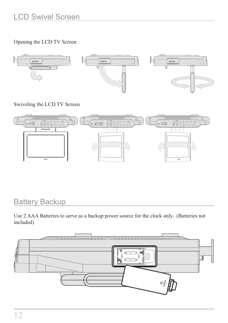 Battery backup lcd swivel screen, Opening the lcd tv screen, Rvideo in audio in l r video in audio in l | GPX KCLD8887DT User Manual | Page 12 / 20