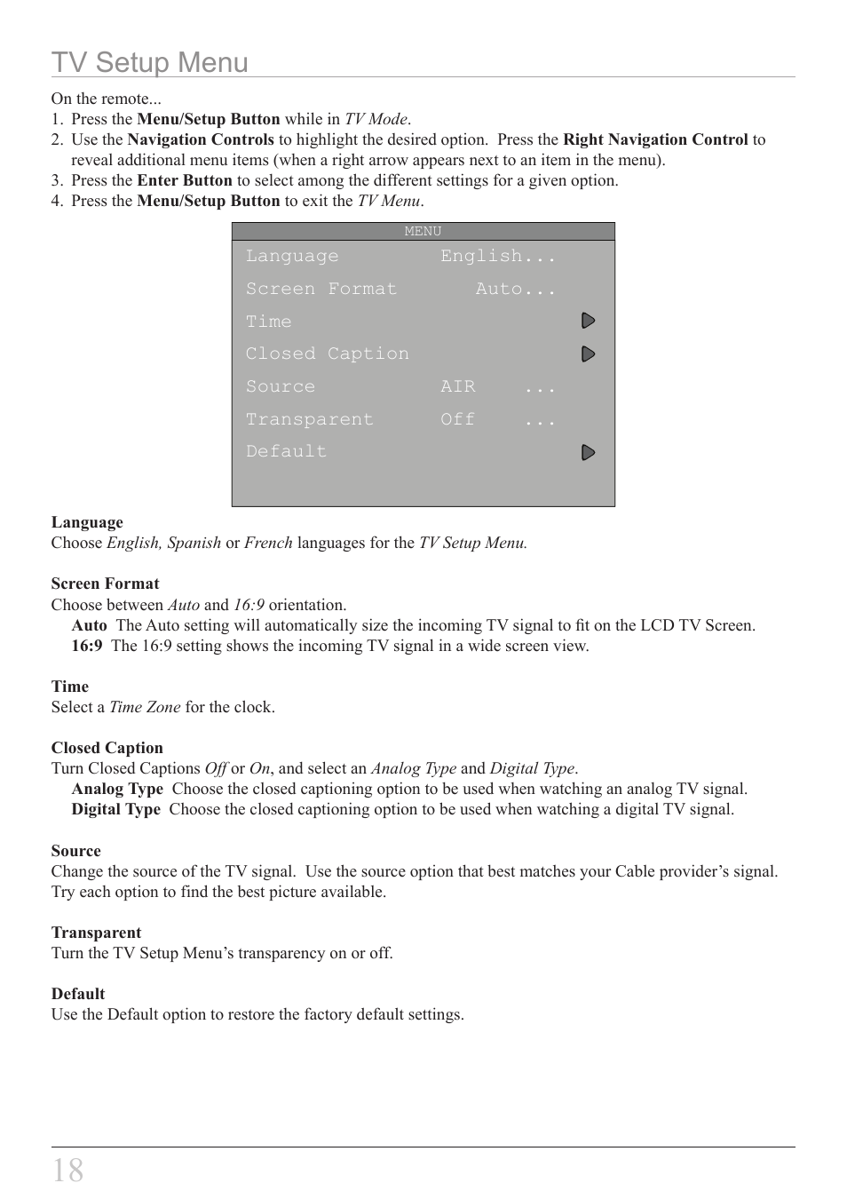 Tv setup menu | GPX KCLD8887DT User Manual | Page 18 / 20