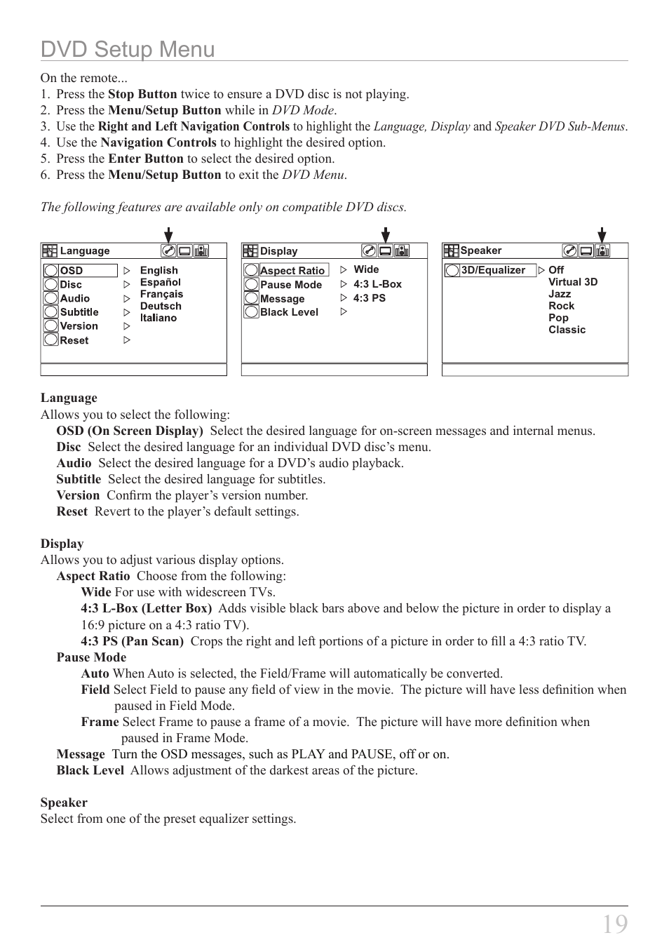 Dvd setup menu | GPX KCLD8887DT User Manual | Page 19 / 20