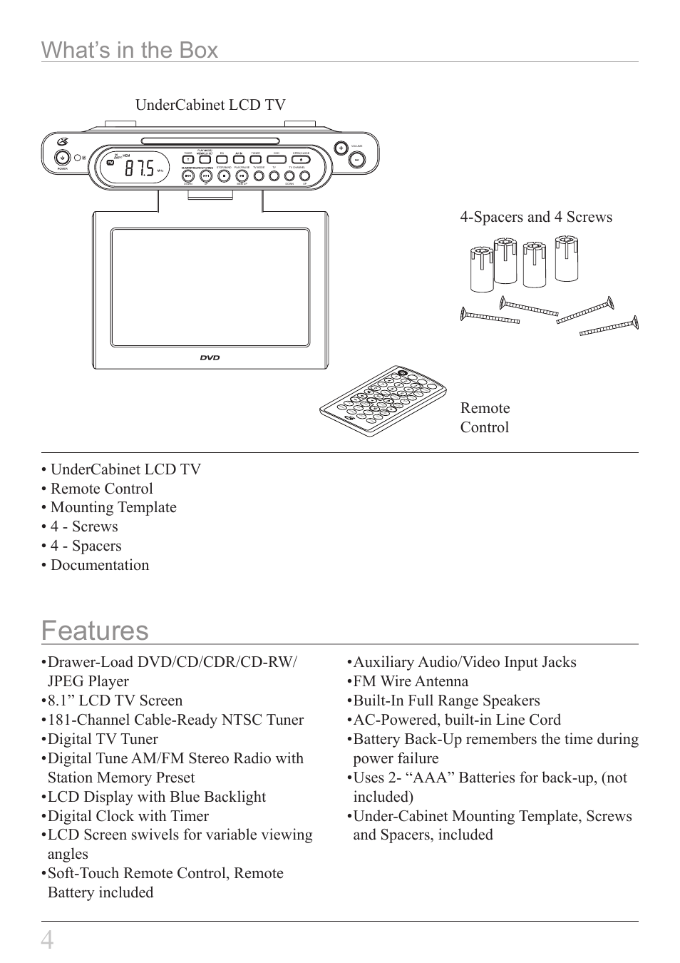 Features, What’s in the box | GPX KCLD8887DT User Manual | Page 4 / 20