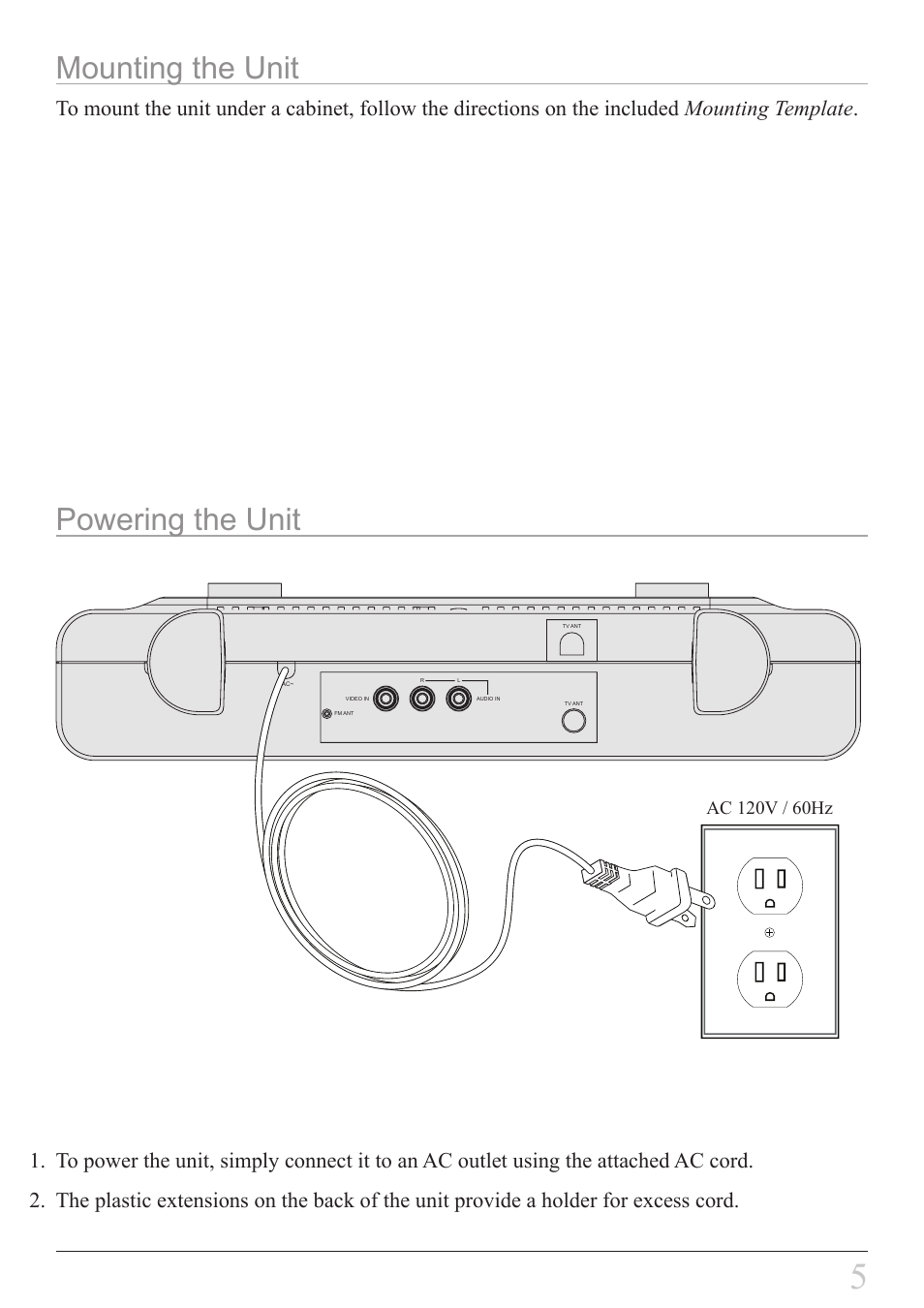 Mounting the unit powering the unit, Ac 10v / 60hz | GPX KCLD8887DT User Manual | Page 5 / 20