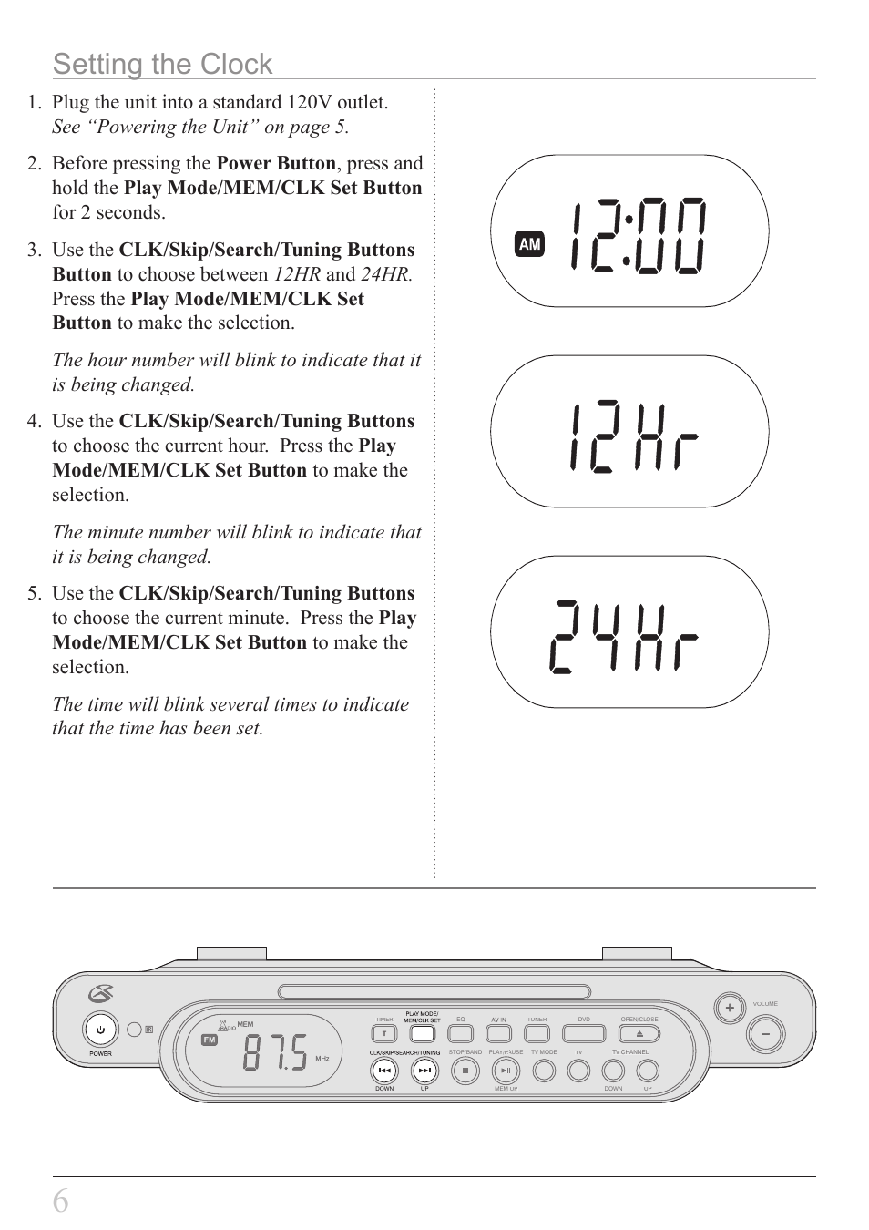 Setting the clock | GPX KCLD8887DT User Manual | Page 6 / 20