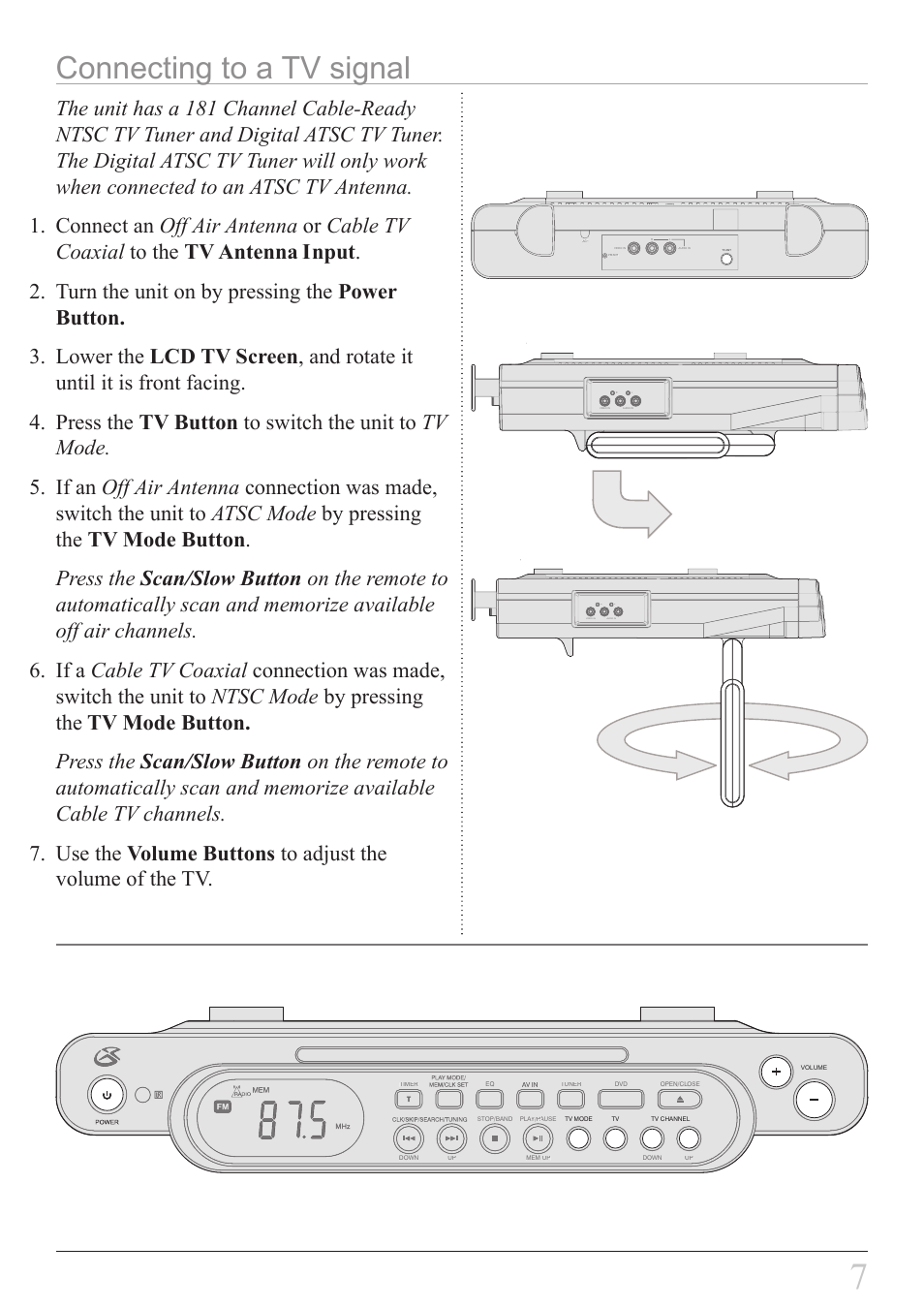 Connecting to a tv signal | GPX KCLD8887DT User Manual | Page 7 / 20