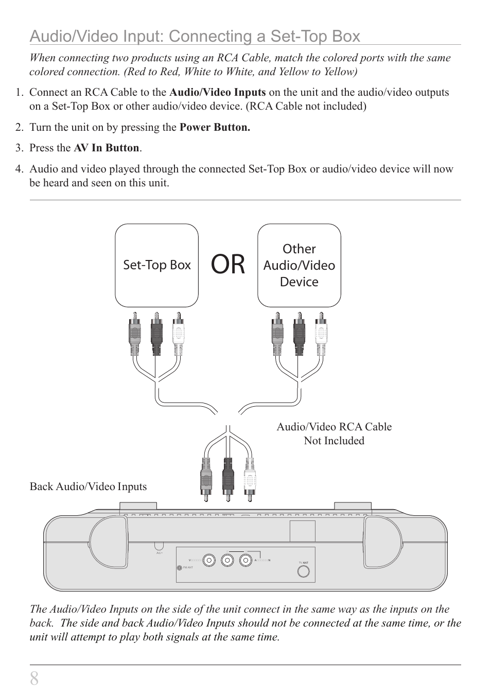 Audio/video input: connecting a set-top box, Other audio/video device set-top box | GPX KCLD8887DT User Manual | Page 8 / 20