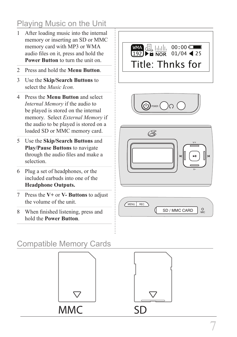 Sd mmc, Title: thnks for, Playing music on the unit | GPX MW338B User Manual | Page 7 / 12