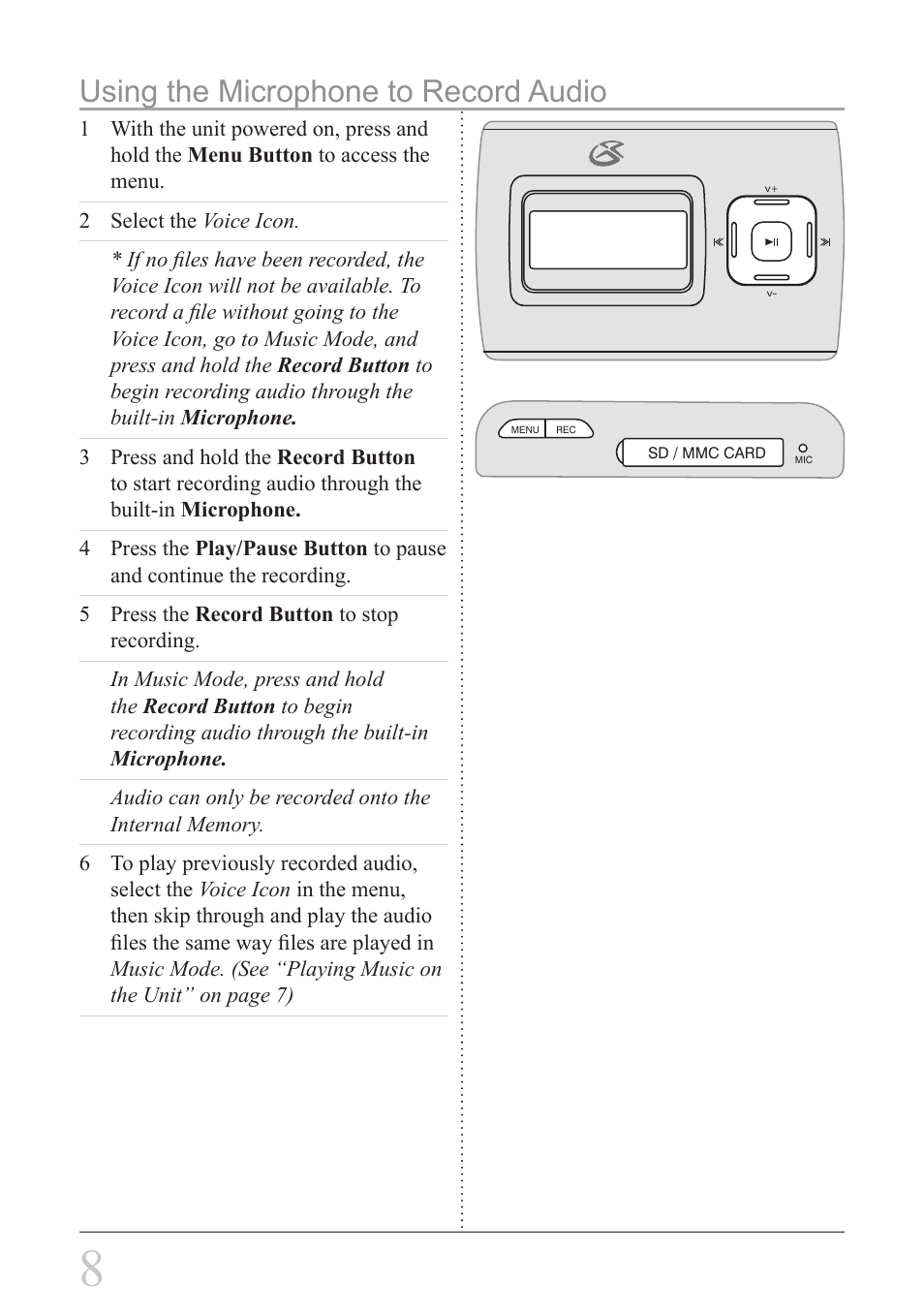 Using the microphone to record audio | GPX MW338B User Manual | Page 8 / 12