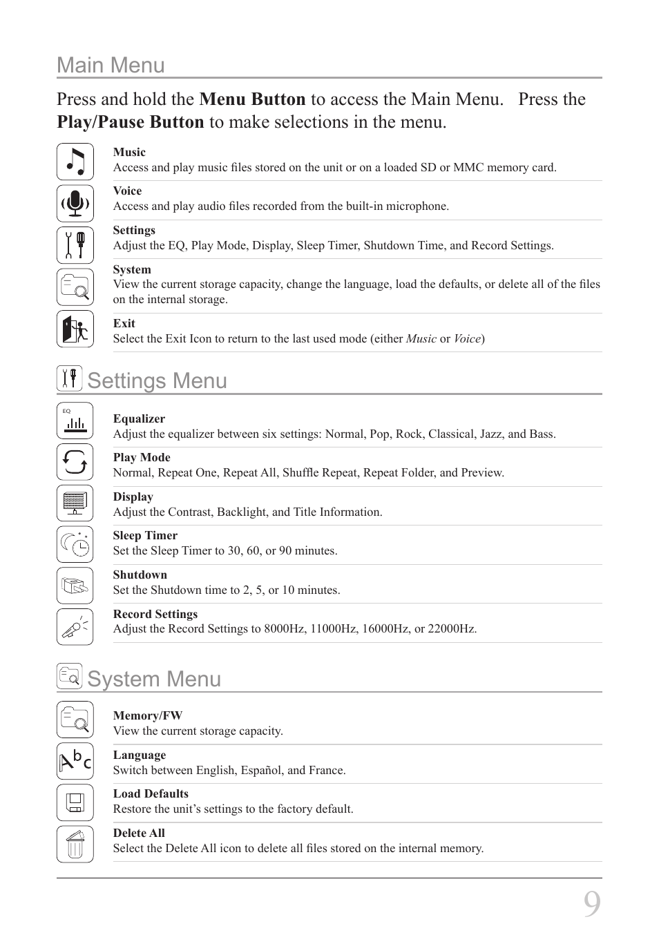 Main menu, Settings menu, System menu | GPX MW338B User Manual | Page 9 / 12