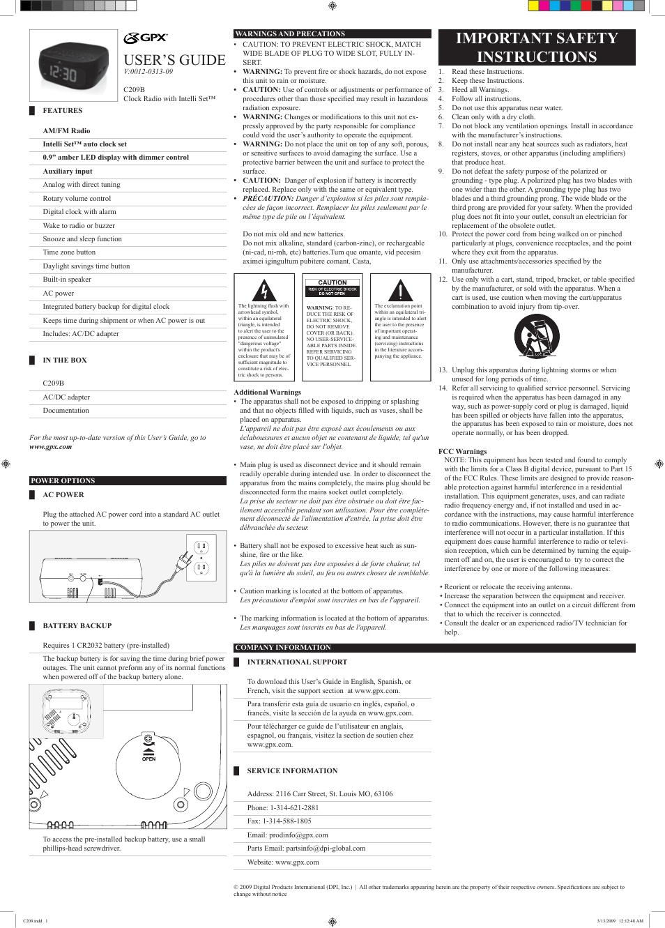 GPX C209B User Manual | 2 pages