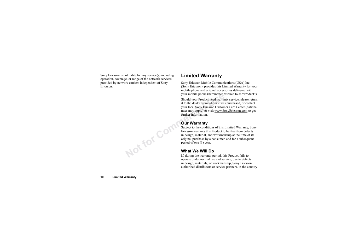 Limited warranty, No t fo r c om me rci al u se | Sony Ericsson T62u User Manual | Page 11 / 99