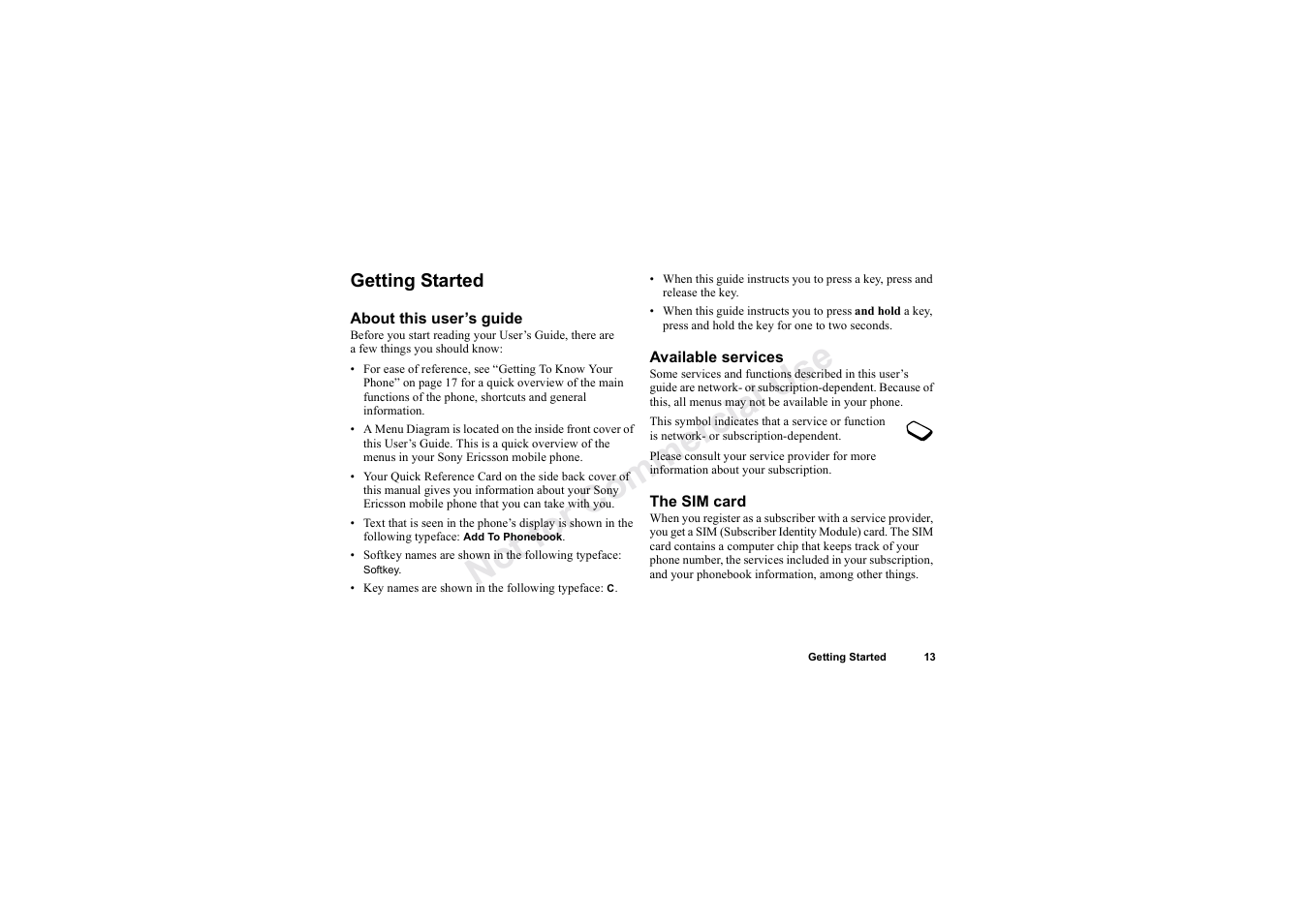 Getting started, No t fo r c om me rci al u se | Sony Ericsson T62u User Manual | Page 14 / 99