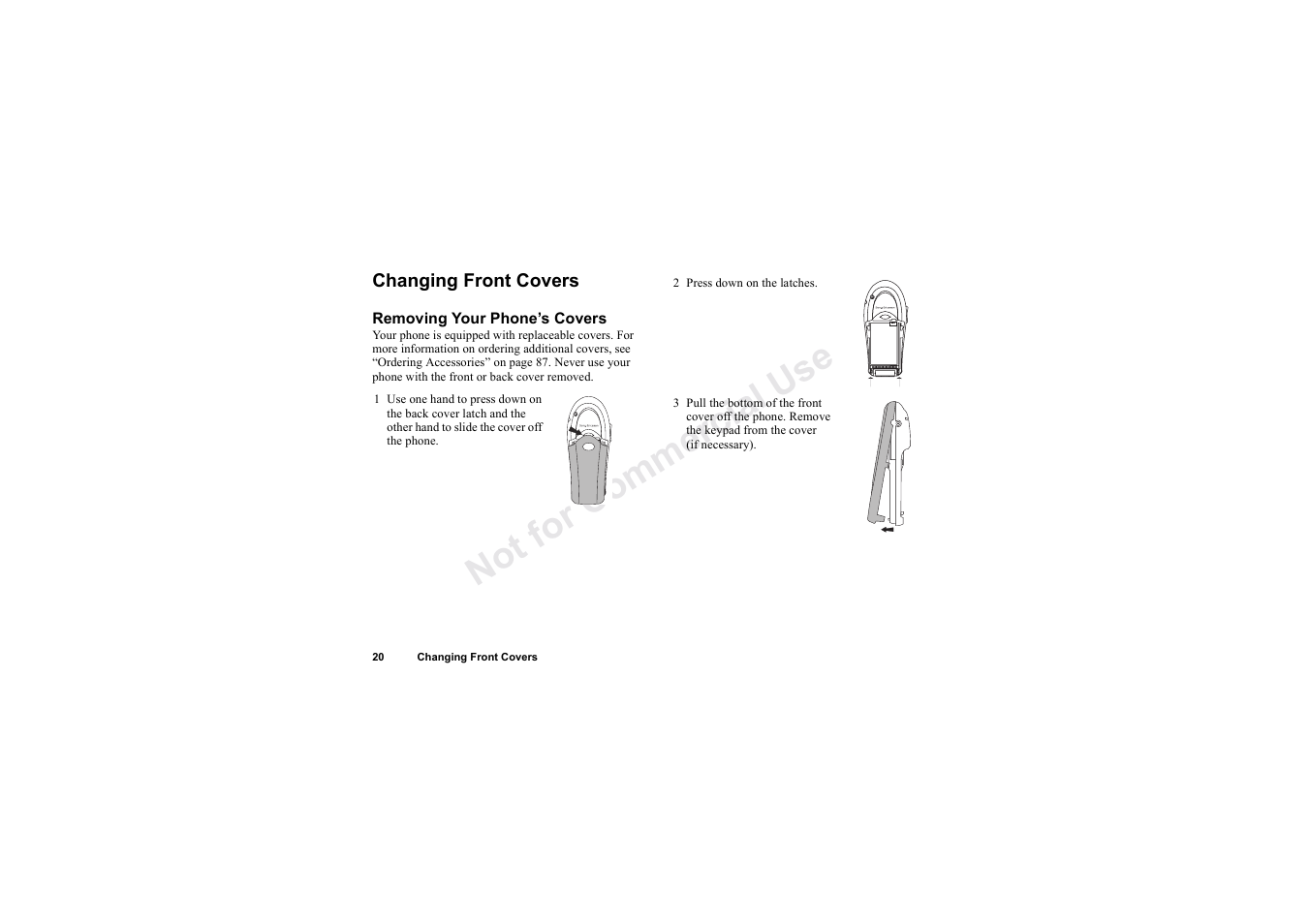 Changing front covers, No t fo r c om me rci al u se | Sony Ericsson T62u User Manual | Page 21 / 99