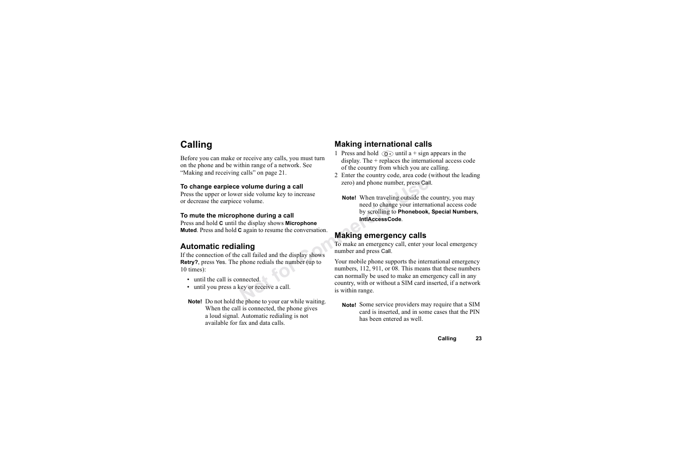Calling, No t fo r c om me rci al u se | Sony Ericsson T62u User Manual | Page 24 / 99
