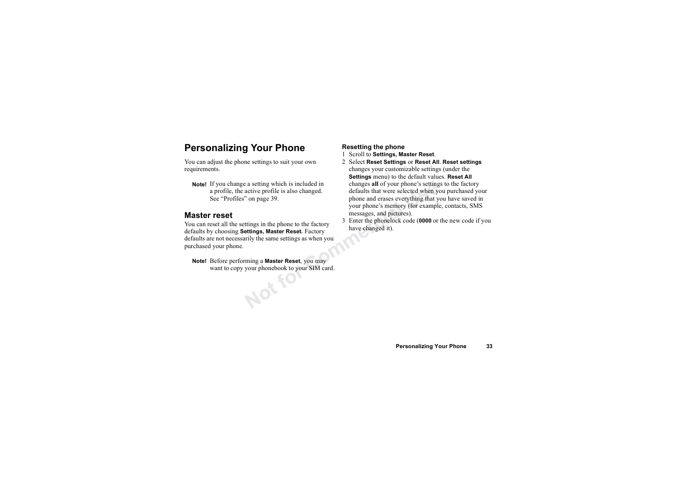 Personalizing your phone, No t fo r c om me rci al u se | Sony Ericsson T62u User Manual | Page 34 / 99