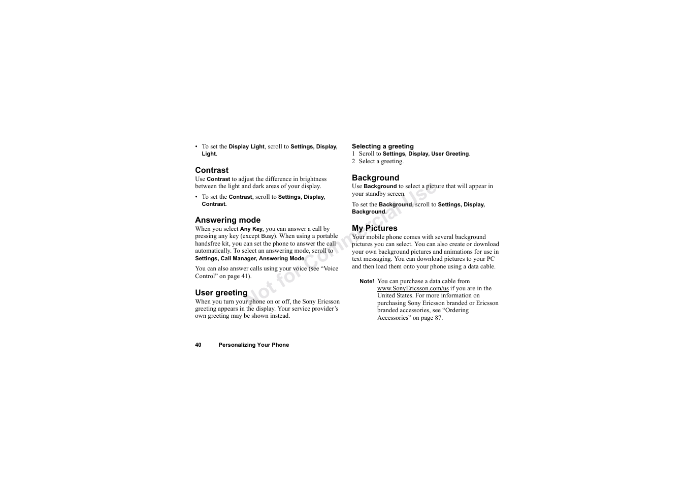 No t fo r c om me rci al u se | Sony Ericsson T62u User Manual | Page 41 / 99