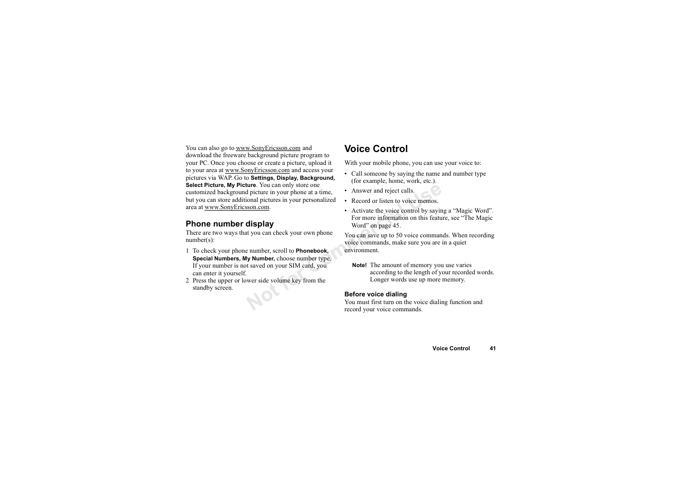 Voice control | Sony Ericsson T62u User Manual | Page 42 / 99