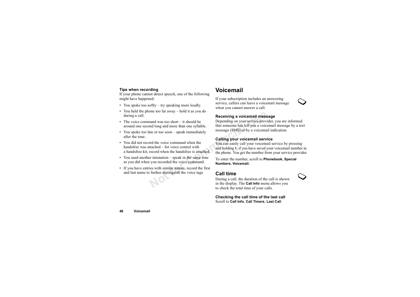Voicemail, No t fo r c om me rci al u se | Sony Ericsson T62u User Manual | Page 47 / 99