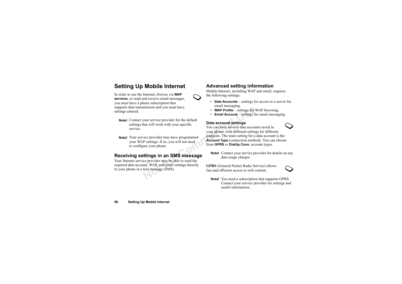 Setting up mobile internet, No t fo r c om me rci al u se | Sony Ericsson T62u User Manual | Page 57 / 99