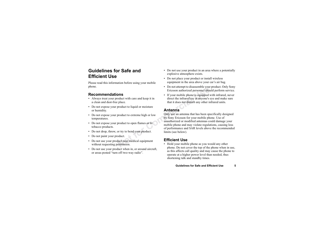 Guidelines for safe and efficientuse, Guidelines for safe and efficient use, No t fo r c om me rci al u se | Sony Ericsson T62u User Manual | Page 6 / 99