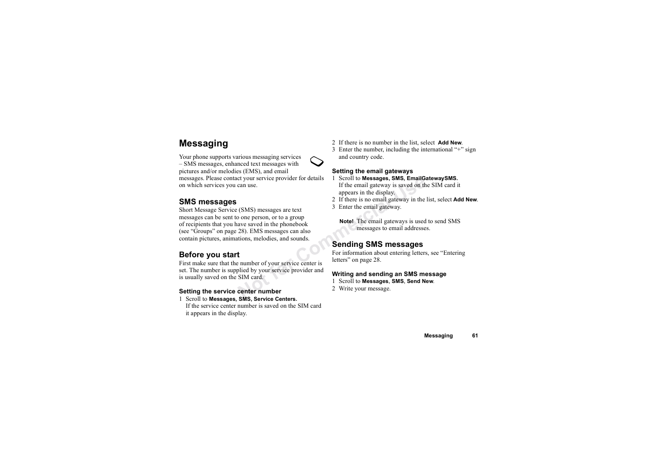 Messaging, No t fo r c om me rci al u se | Sony Ericsson T62u User Manual | Page 62 / 99