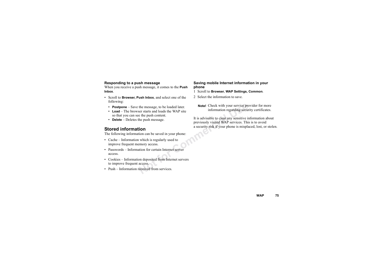 No t fo r c om me rci al u se | Sony Ericsson T62u User Manual | Page 76 / 99