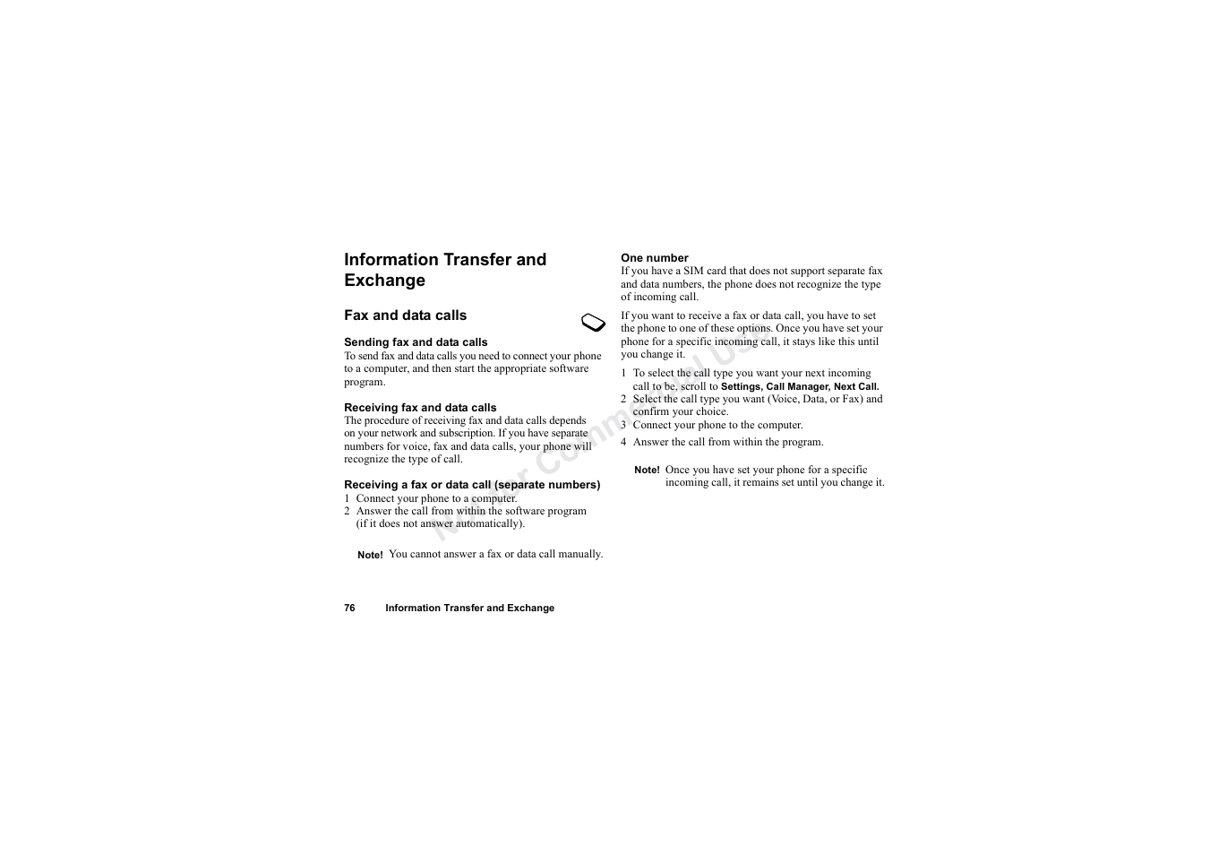 Information transfer and exchange, No t fo r c om me rci al u se | Sony Ericsson T62u User Manual | Page 77 / 99