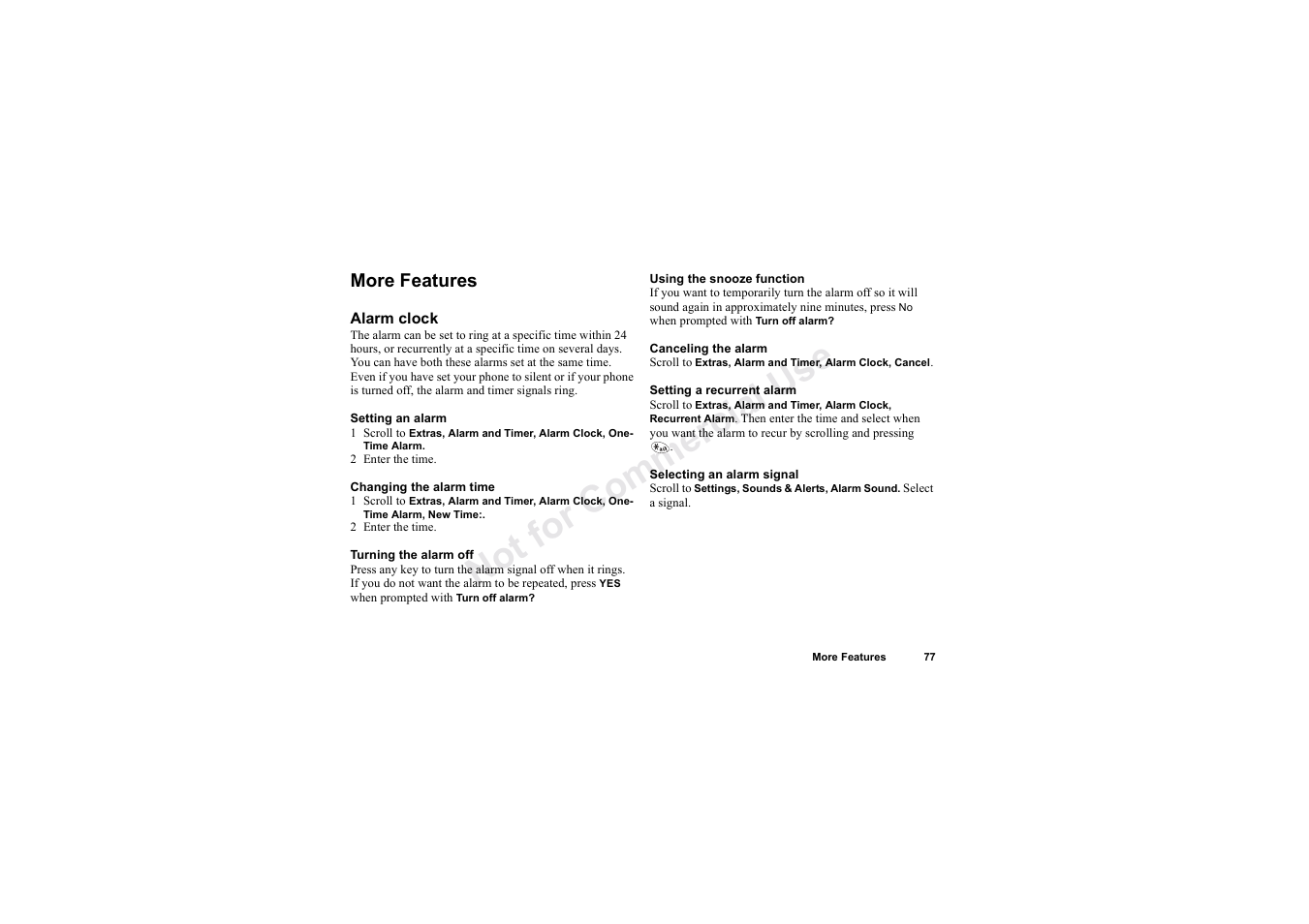 More features, No t fo r c om me rci al u se | Sony Ericsson T62u User Manual | Page 78 / 99