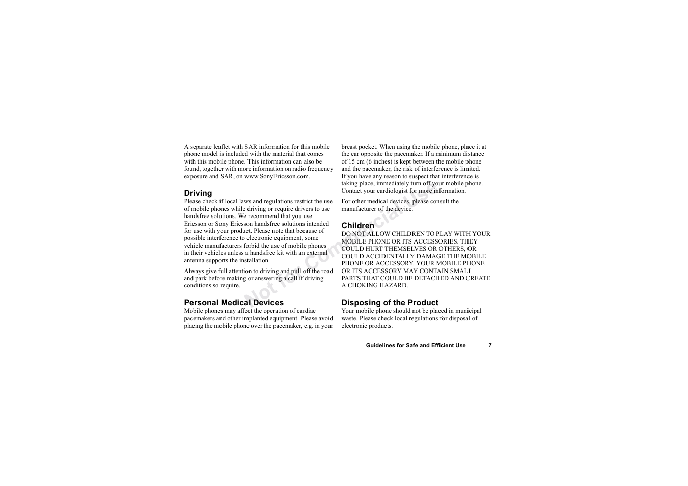 No t fo r c om me rci al u se | Sony Ericsson T62u User Manual | Page 8 / 99