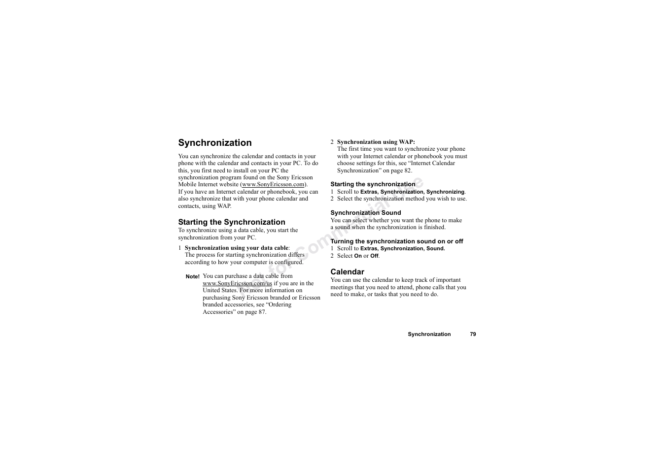 Synchronization, No t fo r c om me rci al u se | Sony Ericsson T62u User Manual | Page 80 / 99