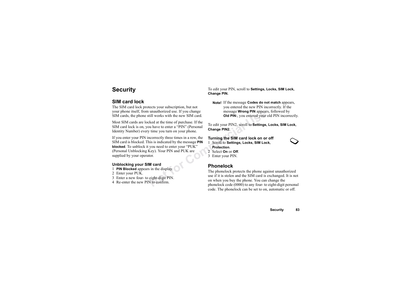 Security, No t fo r c om me rci al u se | Sony Ericsson T62u User Manual | Page 84 / 99