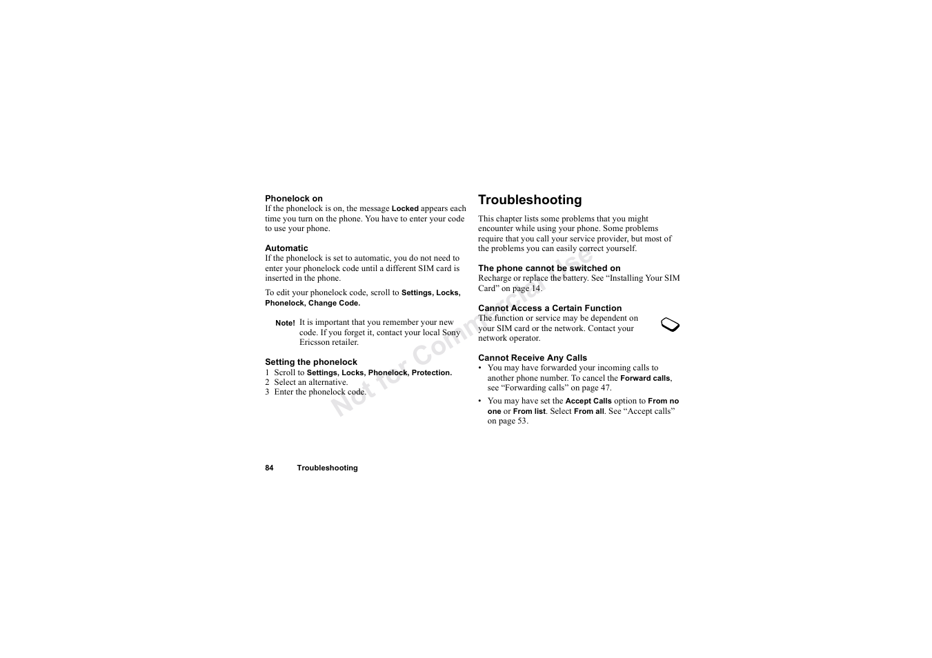 Troubleshooting | Sony Ericsson T62u User Manual | Page 85 / 99