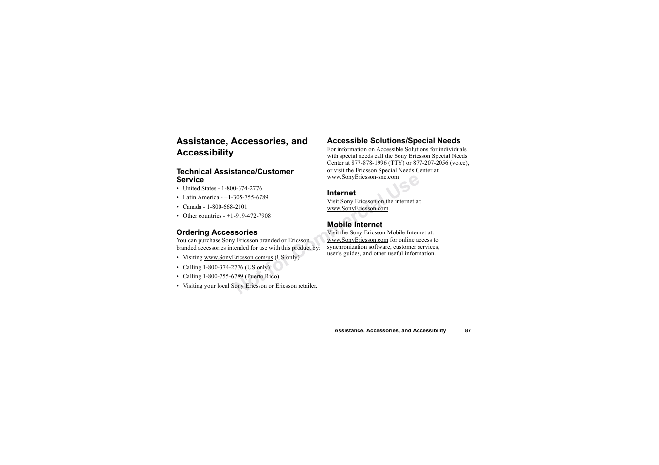 Assistance, accessories, and accessibility, No t fo r c om me rci al u se | Sony Ericsson T62u User Manual | Page 88 / 99